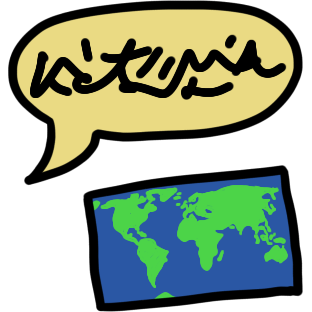 A speech bubble in yellow shows some scribbles to represent a greeting in a language, with a flag depicting the whole world in blue and green underneath it.